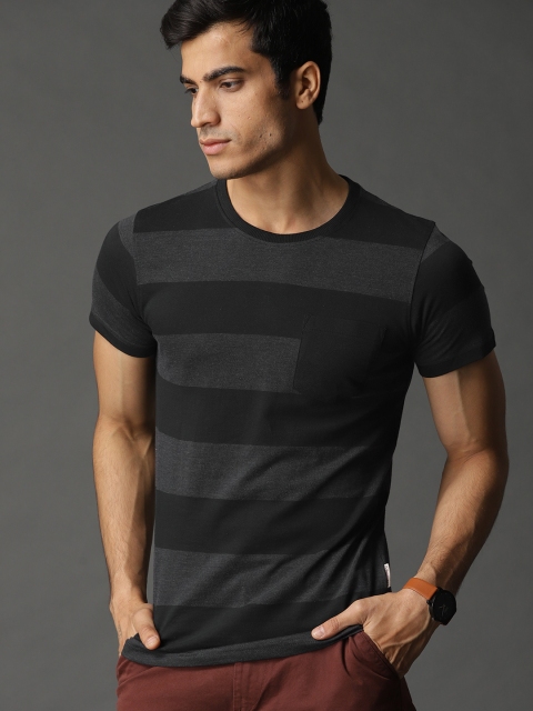 

Roadster Men Black & Charcoal Grey Striped Round Neck T-shirt