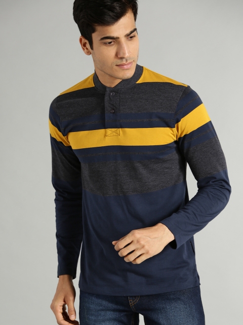 

Roadster Men Navy Blue & Charcoal Grey Striped Stand Collar T-shirt