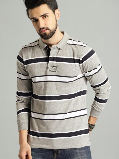 

Roadster Men Grey Melange Striped Polo Collar T-shirt