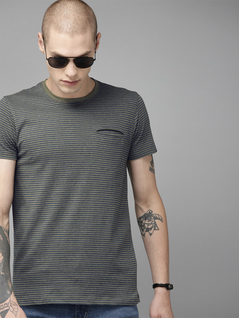 

Roadster Men Olive Green & Blue Striped Round Neck T-shirt