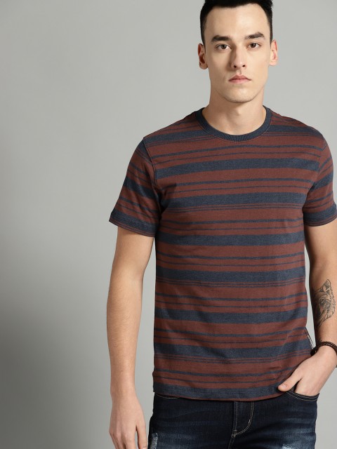 

Roadster Men Brown Striped Round Neck T-shirt