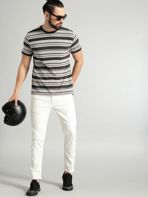 

Roadster Men Grey & Black Striped Round Neck T-shirt