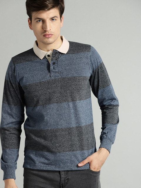 

Roadster Men Blue & Grey Melange Striped Polo Collar T-shirt