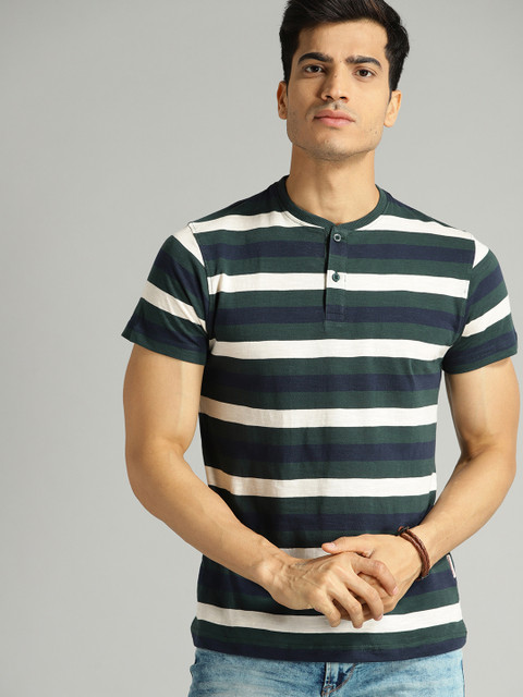 

Roadster Men Olive Green & Off-White Striped Henley Neck T-shirt