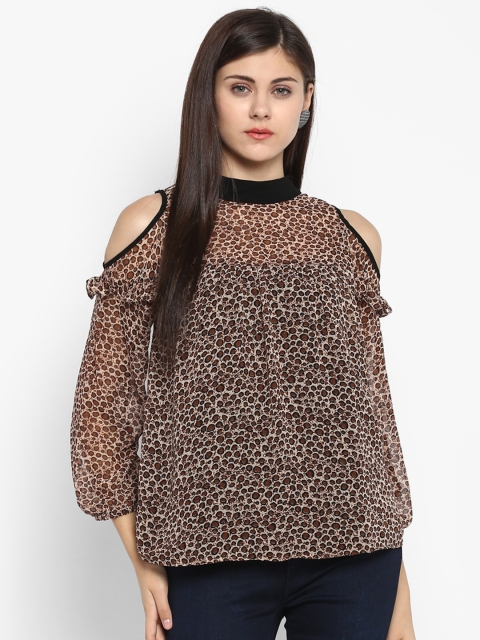 

Antheaa Women Brown Printed Cold-Shoulder Sleeves Top