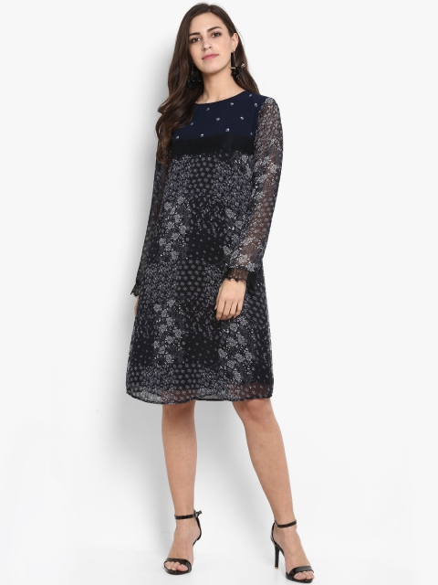 

Antheaa Women Black Printed Dress, Navy blue