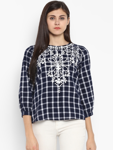 

Antheaa Women Navy Blue Checked Pure Cotton Top