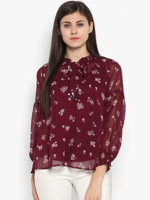 

Antheaa Women Burgundy Printed Semi Sheer Top