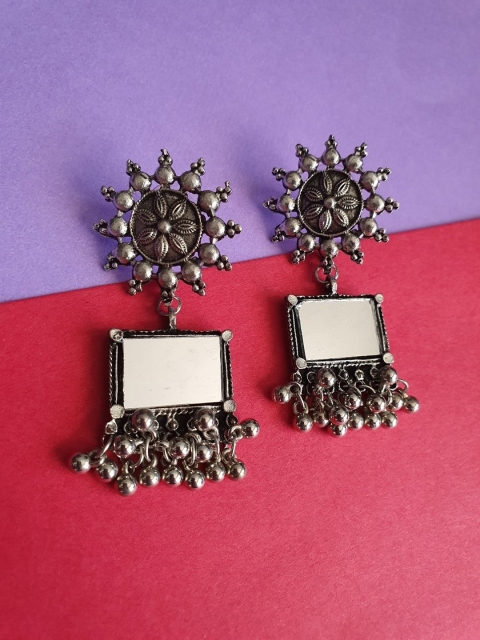 

Infuzze Oxidised Silver-Toned Geometric Mirror Drop Earrings