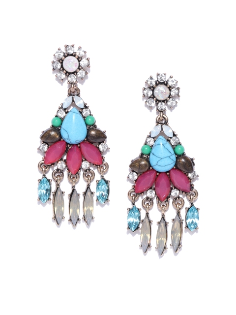 

Blueberry Antique Gold-Toned & Blue Stone-Studded Contemporary Drop Earrings