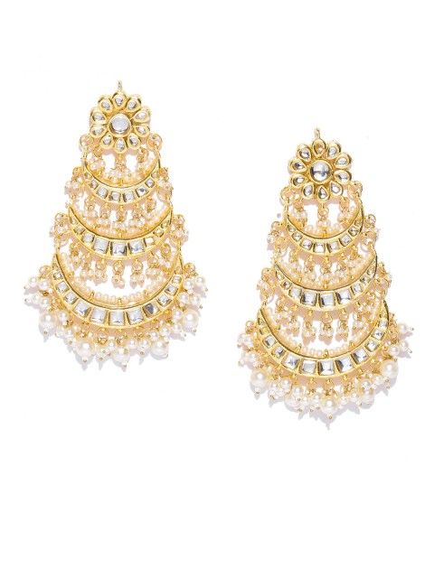 

Blueberry Gold-Toned & Off-White Crescent-Shaped Kundan Handcrafted Chandbalis