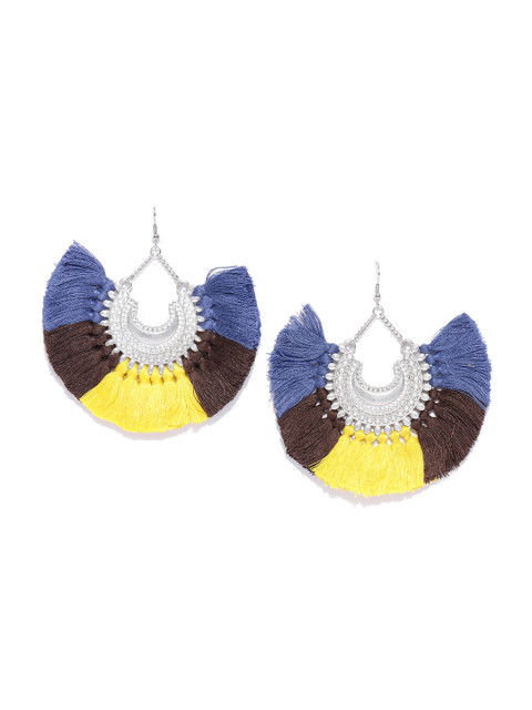 

Blueberry Yellow & Blue Silver-Plated Tasselled Crescent-Shaped Chandbalis