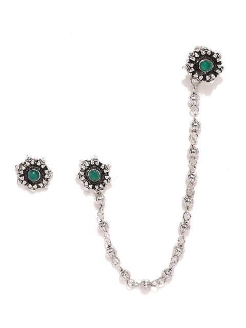 

Zaveri Pearls Silver Tone Clip-on Nose Pin Beaded Chain Linked With Stud Earring