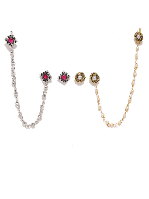 

Zaveri Pearls Combo of 2 Clip-on Nose Pin Chain Linked With Stud Earring, Gold