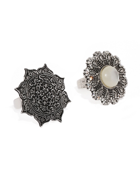 

Zaveri Pearls Women Silver-Toned Set of 2 Oxidised Adjustable Finger Rings