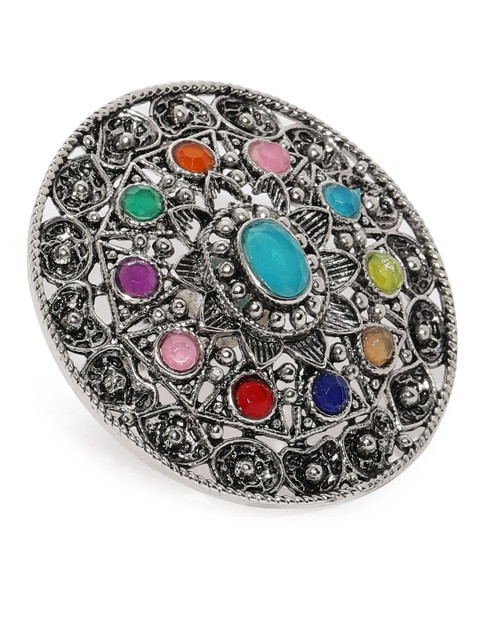

Zaveri Pearls Women Silver-Toned Oxidised Stone-Studded Adjustable Ring