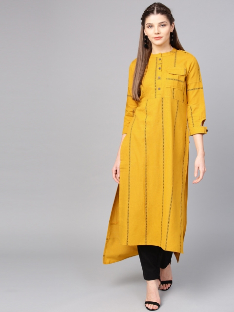 

Varanga Women Mustard Yellow Striped Straight Kurta