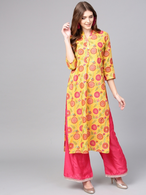 

Varanga Women Yellow & Pink Printed Straight Kurta