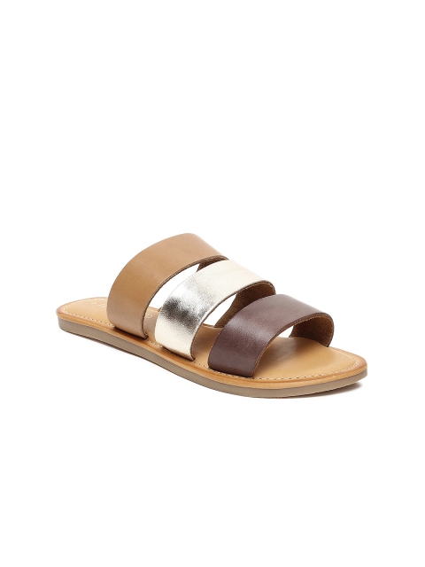 

Ruosh Women Brown & Silver-Toned Colourblocked Leather Open Toe Flats
