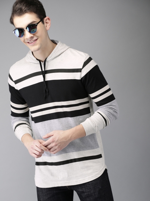 

HERE&NOW Men Black Striped Hood T-shirt