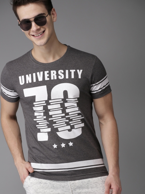 

HERE&NOW Men Charcoal Grey Printed Round Neck T-shirt