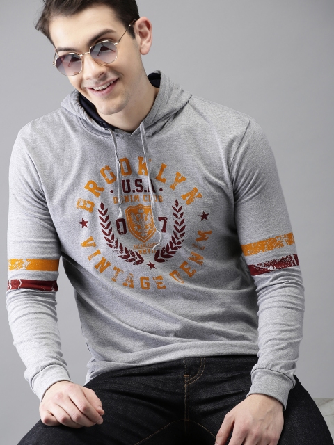 

HERENOW Men Grey Printed Hood Pure Cotton T-shirt