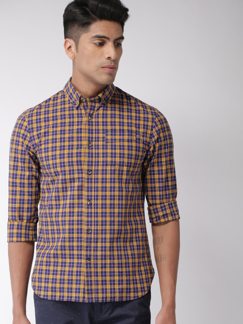 

Scotch & Soda Men Mustard Yellow & Navy Regular Fit Checked Casual Shirt