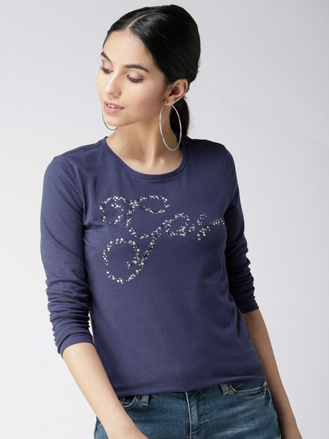 

GAS Women Navy Blue Embellished Round Neck T-shirt