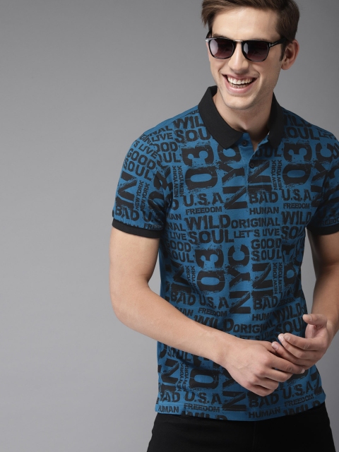 

HERE&NOW Men Teal Blue & Black Printed Polo Collar T-shirt