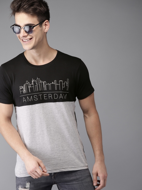 

HERE&NOW Men Grey Melange & Black Colourblocked Round Neck T-shirt