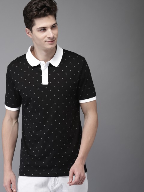 

HERE&NOW Men Black & White Printed Polo Collar T-shirt