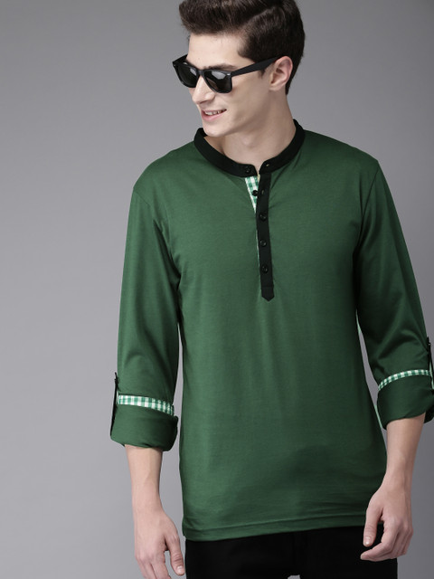 

HERE&NOW Men Olive Green Solid Mandarin Collar T-shirt