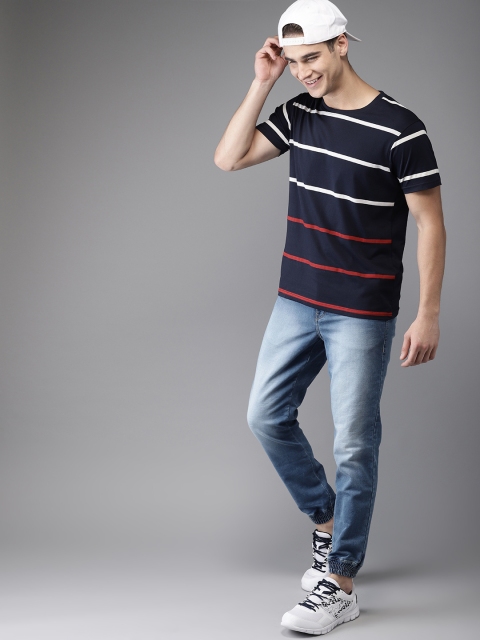 

HERE&NOW Men Navy Blue Striped Round Neck T-shirt