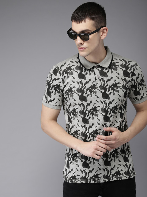 

HERE&NOW Men Grey Melange & Black Printed Polo Collar T-shirt