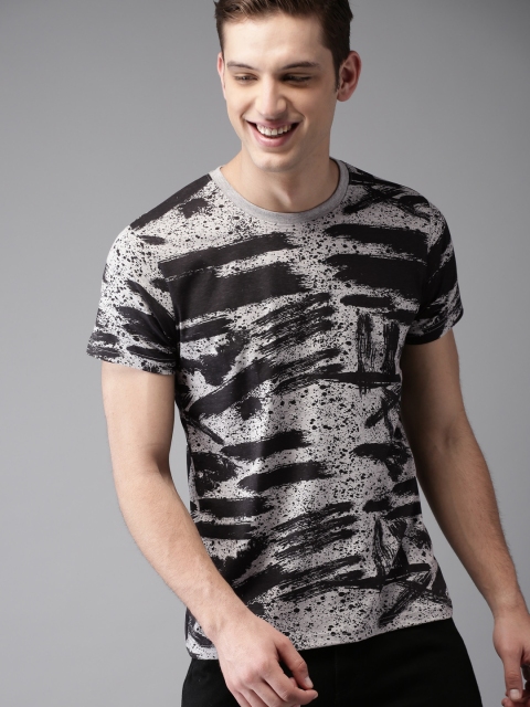 

HERE&NOW Men Grey & Black Printed Round Neck T-shirt