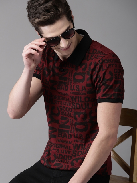 

HERENOW Men Maroon Black Printed Polo Collar Pure Cotton T-shirt