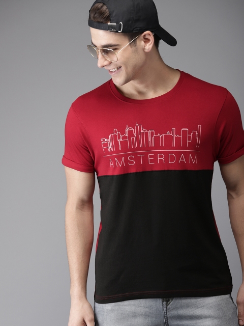 

HERE&NOW Men Red & Black Colourblocked Round Neck T-shirt