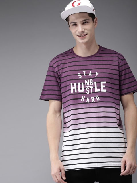 

HERE&NOW Men Purple & White Striped Round Neck Dyed T-shirt