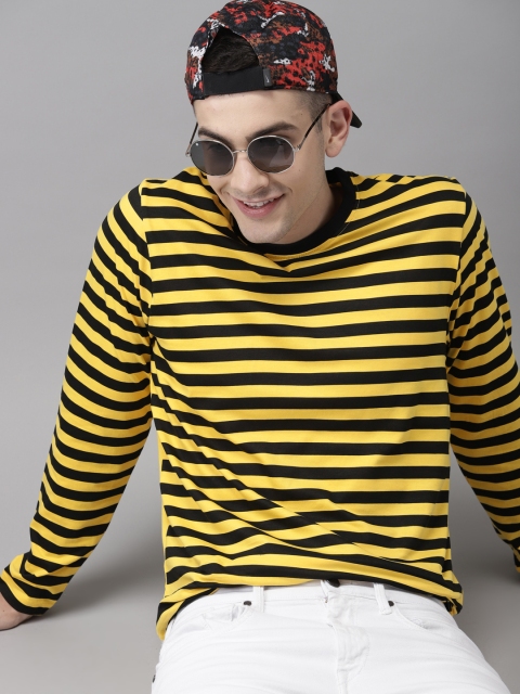 

HERENOW Men Yellow Black Striped Round Neck Pure Cotton T-shirt