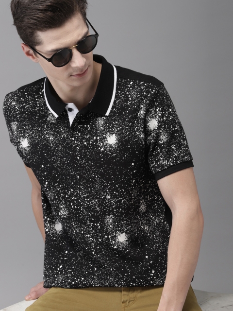 

HERE&NOW Men Black & White Printed Polo Collar T-shirt