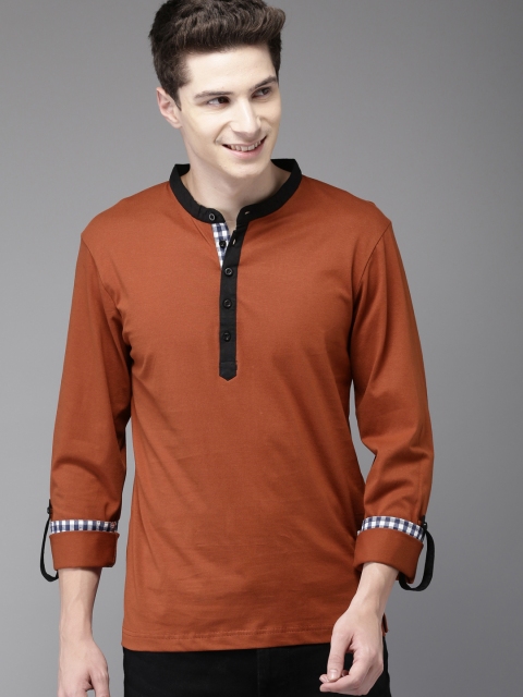 

HERENOW Men Rust Brown Solid Henley Neck Pure Cotton T-shirt