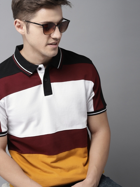 

HERE&NOW Men Mustard Yellow & Maroon Colourblocked Polo Collar T-shirt