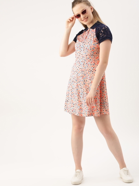 

DressBerry Women Peach-Coloured & Navy Blue Printed A-line Dress