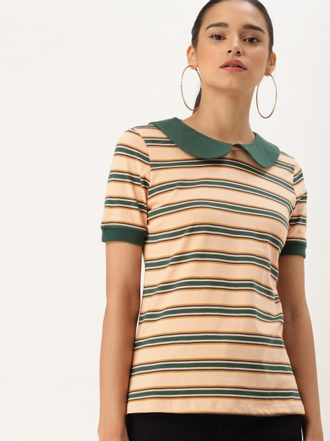 dressberry-women-peach-coloured-green-striped-peter-pan-collar-t-shirt