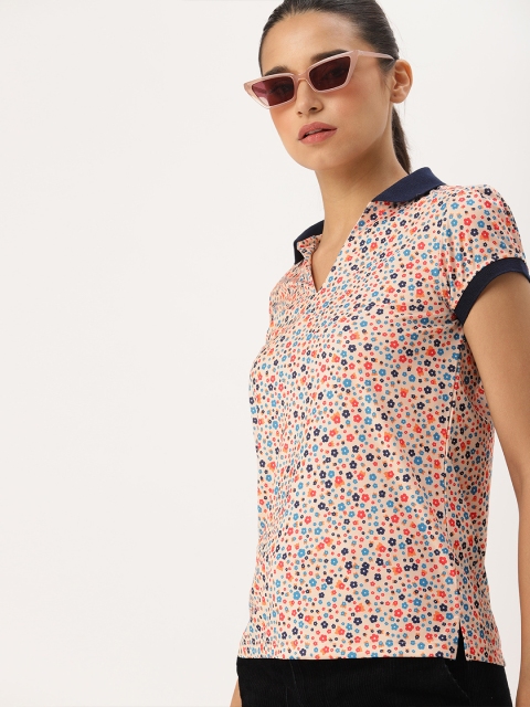 

DressBerry Women Cream-Coloured & Blue Printed Polo Collar T-shirt