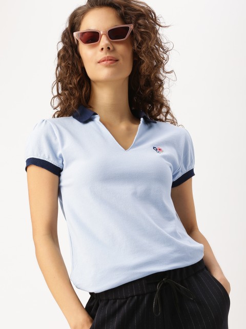 

DressBerry Women Blue Solid Polo Collar Pure Cotton T-shirt