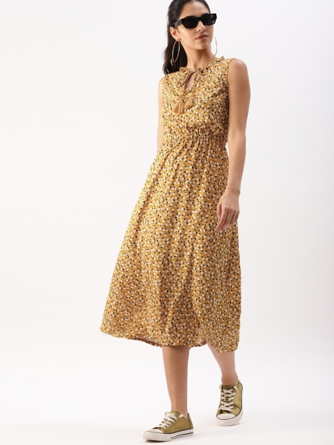 

DressBerry Women Mustard Brown Printed Blouson Dress