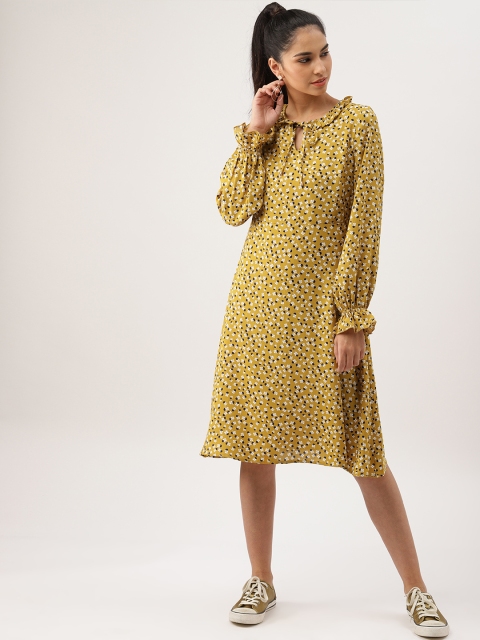 

DressBerry Women Mustard Yellow Printed A-Line Dress