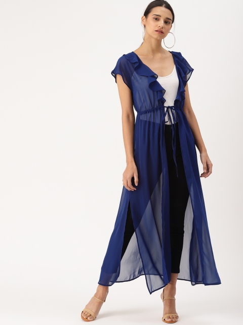 

DressBerry Navy Blue Solid Tie-Up Shrug