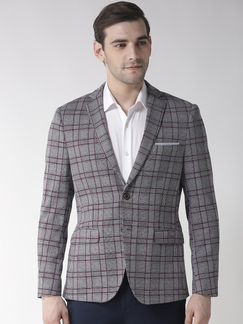 

Arrow New York Men Grey & Burgundy Checked Zero Calorie Fit Smart Casual Blazer